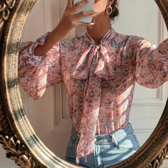 Bellanblue Tops - Bohemian Blush Pink Floral Neck Tie Ruffle Top Cottagecore